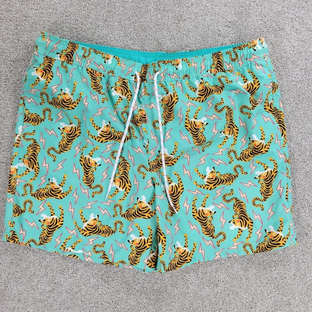 No Boundaries Swimming Trunks Shorts Mens XL Green Tiger King Vibe Lighting